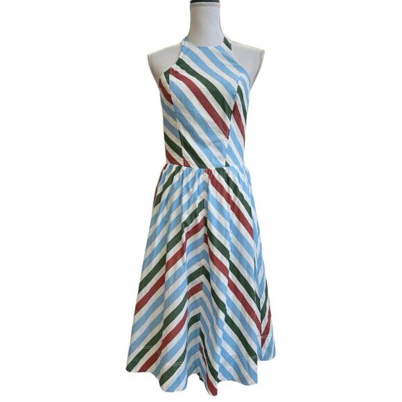 Maeve Anthro Halter Striped Cotton Midi Fit Flare Sundress Backless Sz S - Picture 2 of 6